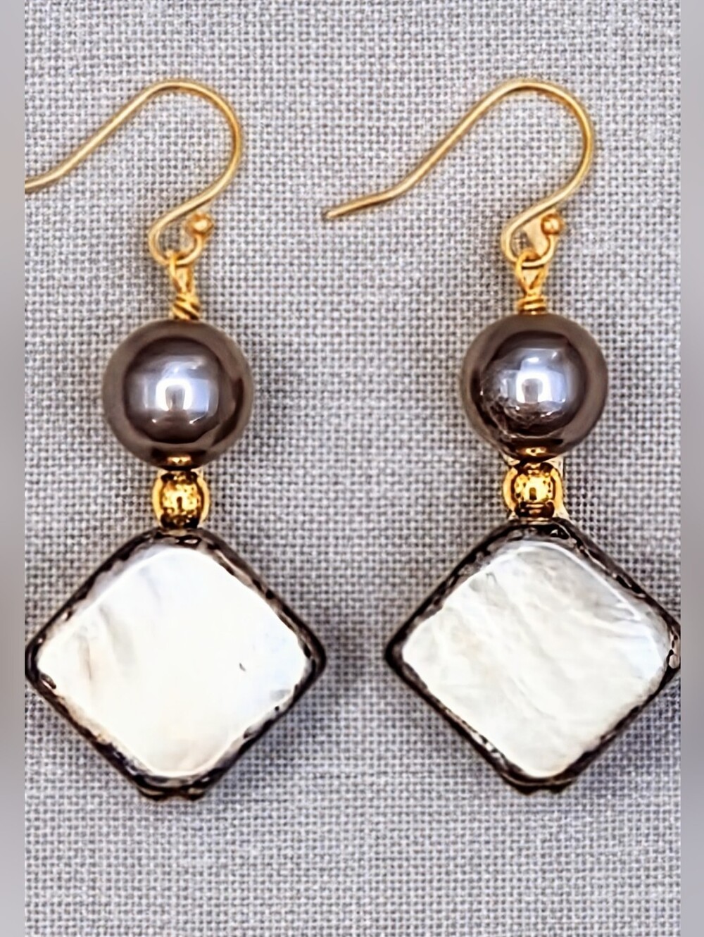 Silver Gray Mettalic Mother Of Pearl & Baroque Pearl In Gold Plated Earrings